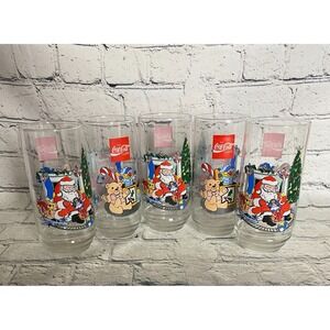 Vintage McCrory's Santa Chimney Toys Coca-Cola Christmas Glasses Set Of 5
